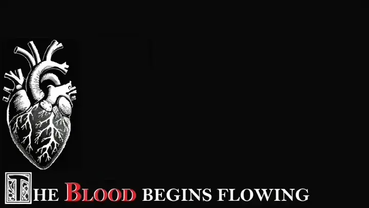 "THE BLOOD BEGINS FLOWING" under a drawing of a human heart against a black background