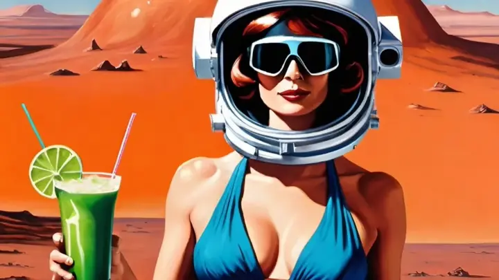 a painting of a woman wearing an astronaut helmet holding a cocktail on the surface of mars