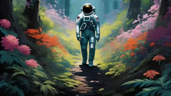 a painting of an astronaut walking through a flowery forest