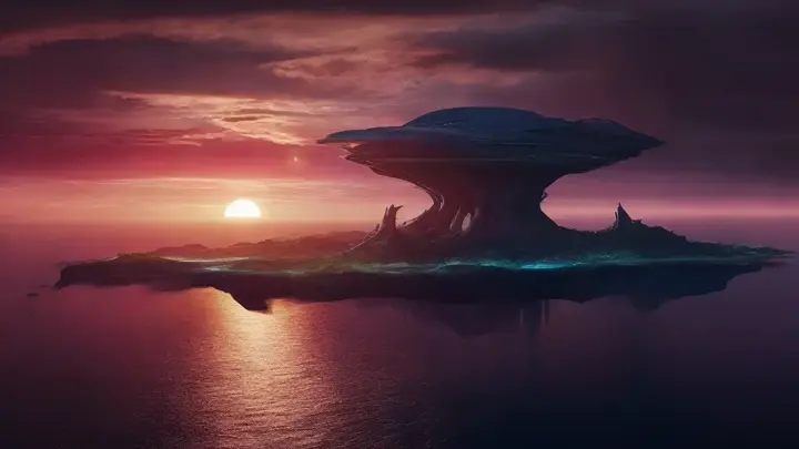 A stunning 4K cinematic photo-realistic image of a floating alien island in the outer cosmos, as the sun rises over the horizon. The sky is a beautiful blend of deep purples, oranges, and reds, reflecting off the vast, shimmering waters of knowledge that surround the island. The island itself has an otherworldly, futuristic design, with towering structures and lush, bioluminescent plants. The overall ambiance of the scene is awe-inspiring, with a sense of wonder and adventure, perfect for a blockbuster sci-fi fantasy movie., cinematic