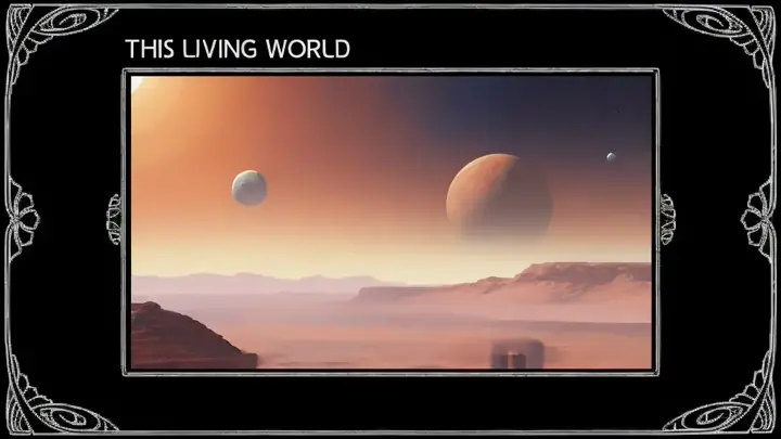 "THIS LIVING WORLD" and a framed painting of three planets seen from the surface of mars