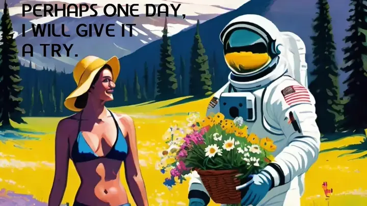 a painting of an astronaut holding a basket of flowers next to a woman wearing a sun hat in a lush valley