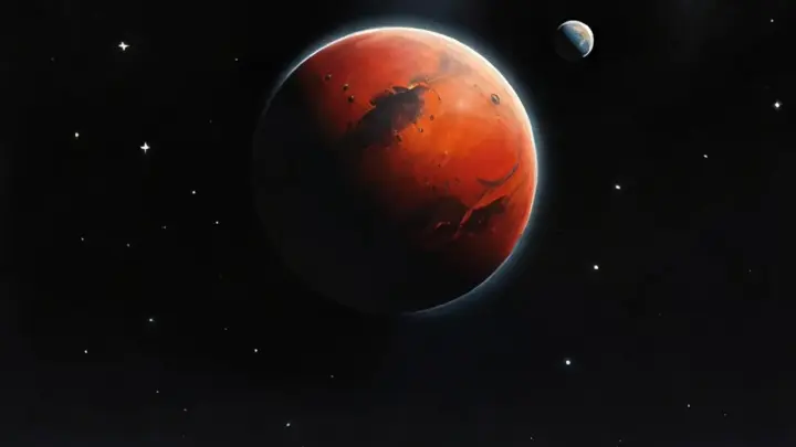 a painting of a distant red planet against a black background