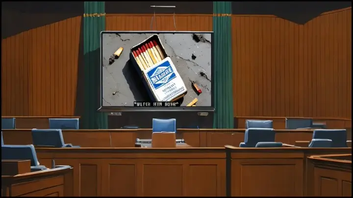 a slide featuring a painting of a courtroom showing a projection of a matchbox as evidence