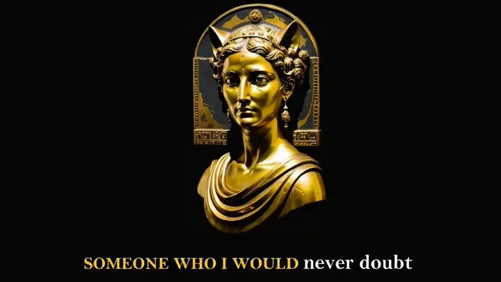 the exact phrase "SOMEONE WHO I WOULD never doubt" under a gold relief of a beautiful woman