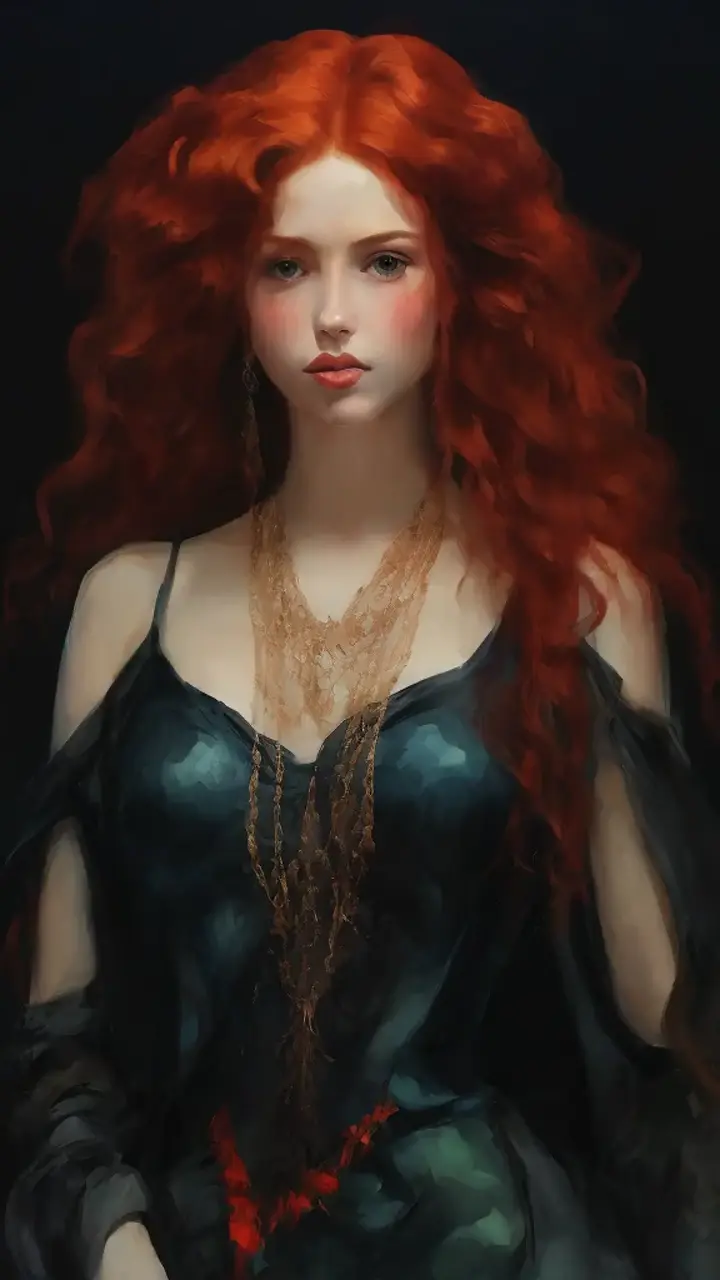 a painting of a woman with flowing red hair blowing in the wind