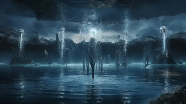 A breathtaking, high-quality cinematic sci-fi fantasy scene featuring a majestic lake surrounded by floating alien islands. The water glows with a mesmerizing, iridescent blue hue. Alien entities rise from the depths, their metallic bodies reflecting the light. Power orbs float above the water's surface, emitting electric pulses that create ripples. The orbs illuminate the scene with a dazzling display of energy. The attention to detail in this 4K image is astonishing, capturing the essence of a blockbuster dark sci-fi fantasy movie.