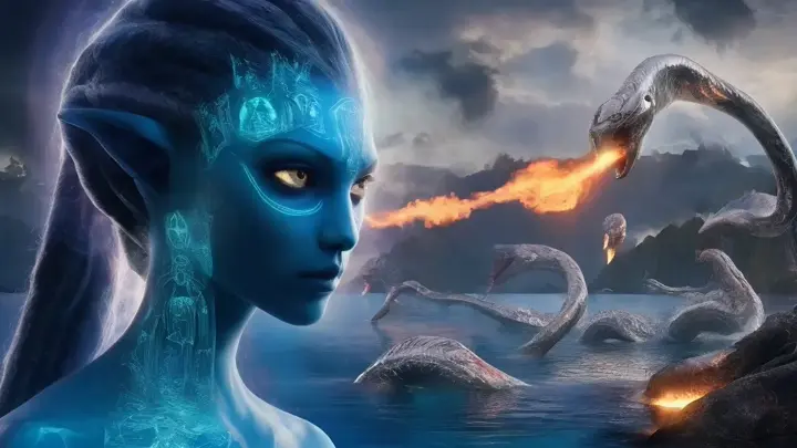 A breathtaking 4K cinematic still of an otherworldly blue alien entity. The alien's skin projects holographic ancient symbols that shimmer and dance in the atmosphere. Silver chrome serpents, breathing fire, emerge from the mystical waters of the Lake of Cosmic Knowledge, located on floating islands. The level of photorealistic detail in this intricate scene is unparalleled, capturing the essence of a dark sci-fi fantasy blockbuster.