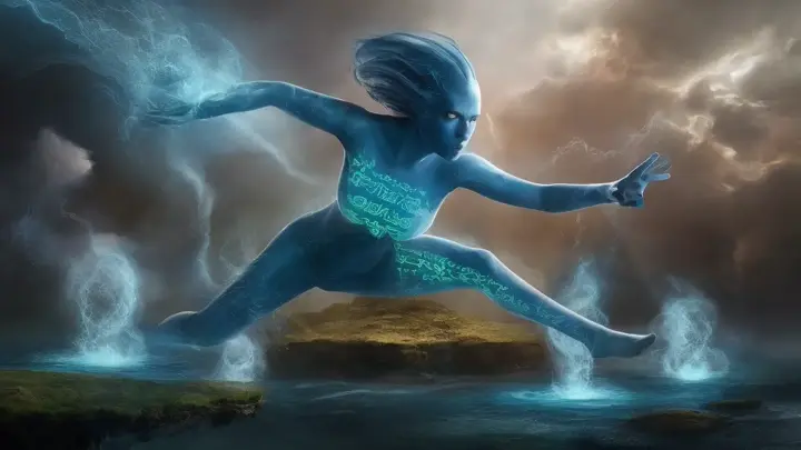 A mesmerizing scene from a high-quality dark sci-fi fantasy movie, featuring a blue alien entity with holographic ancient symbols projected onto her skin. She leaps from a floating island, surrounded by mystical waters that emit heavenly creations of pure thoughts. The atmosphere is filled with a blend of cosmic and ethereal elements, with floating clouds of consciousness and photorealistic intricate details. The overall effect is a breathtaking, cinematic masterpiece that captures the essence of the universe's highest level of knowledge and wonder.