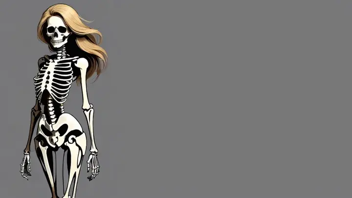 a drawing of a beautiful skeleton woman with dirty blonde hair against a gray background