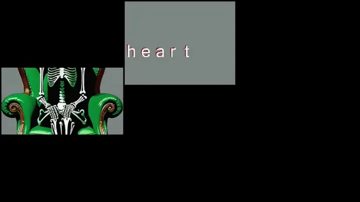 the word heart and a drawing of a female skeleton midsection sitting in a green leather armchair against a gray background