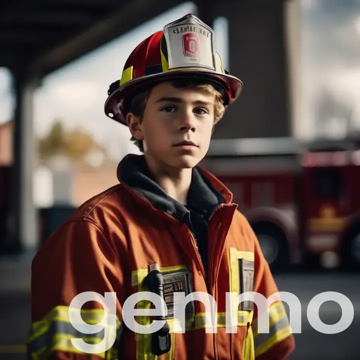 a young boy wearing a fireman's hat and jacket, sun rays. cinematic look, hyper realistic, filmic view, 35mm.