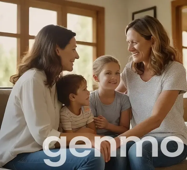 mother and aunt sitting together with a boy and girl, happy and smiling, sun rays. Hyper realistic, cinematic look, 35mm