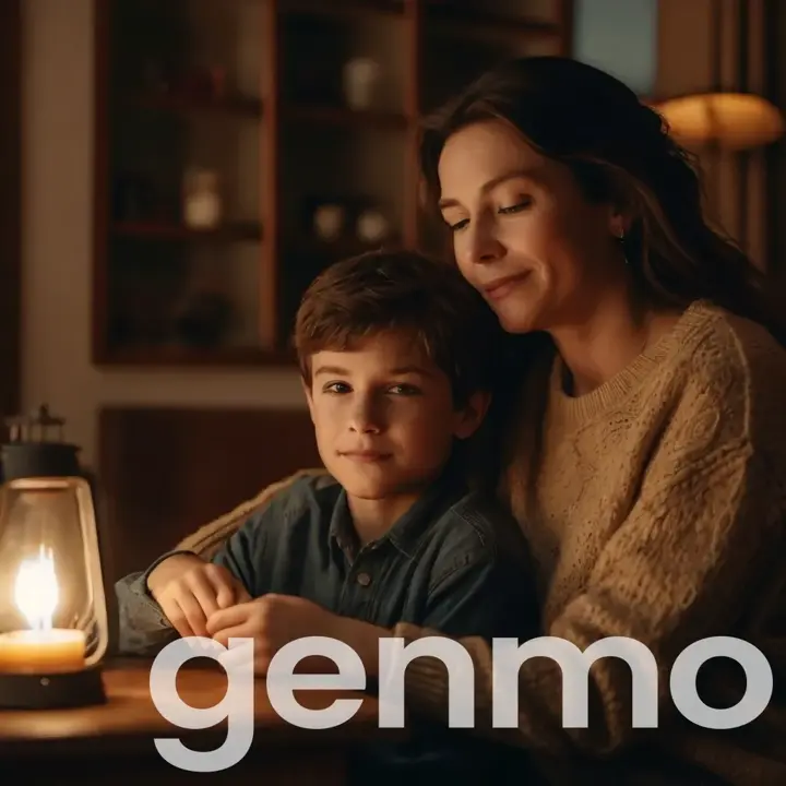 a mother and her son sitting at a table with a candle, realistic