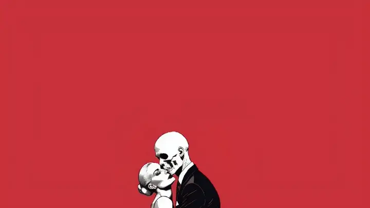 a drawing of a skeleton in a suit and tie embracing a beautiful woman against a red background