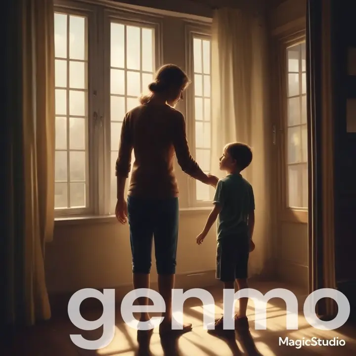 a woman and a child standing in front of a window. Hyper realistic, cinematic view, movie like