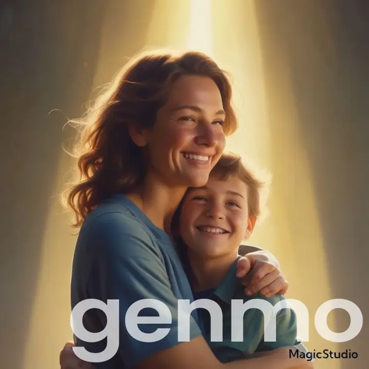 a woman hugging a boy in front of a light, smiling, sun rays, detailed. cinematically dramatic, hyper realistic, cinematic view, stability