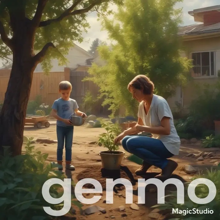 a woman kneeling down next to a child holding a potted plant, sun rays, detailed. cinematically dramatic, hyper realistic, cinematic view, stability