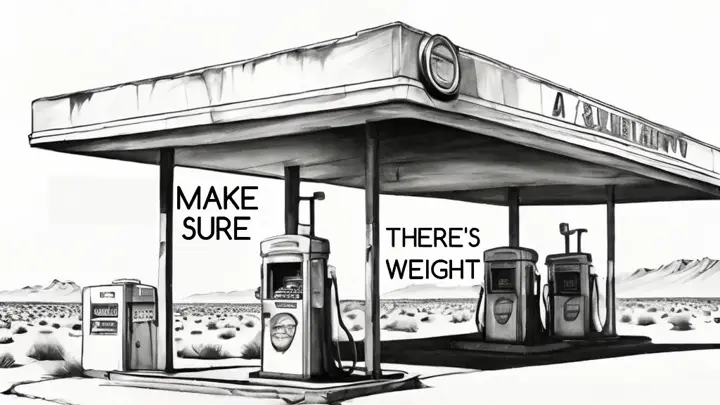 a black and white drawing of a gas station in the barren desert