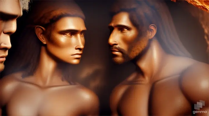 A young primitive man of the Paleolithic era and a young primitive woman in a cave look at each other, a fire is burning in the cave. High detail, digital painting style.