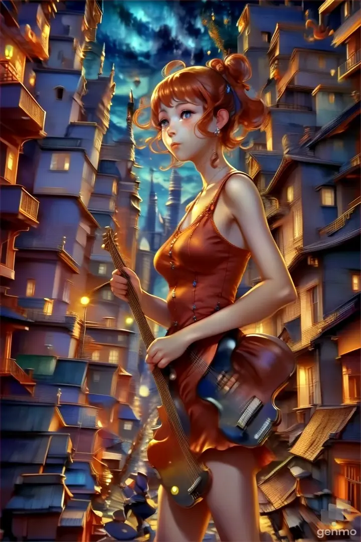 a painting of a girl playing a guitar with the city behind her on a starry night standing on a roof.