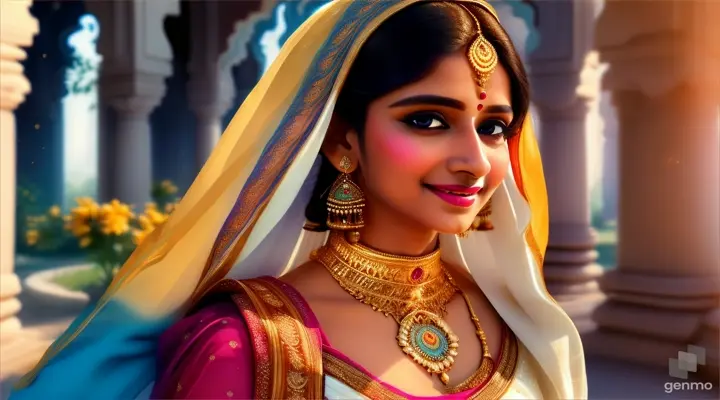 The image depicts a character with their face blurred, surrounded by a serene and mystical environment. The character has long, flowing white skin adorned big blue eye smile a little with flowers and wears intricate golden jewelry. This image depicts an **Indian woman** wearing her **traditional attire**. The outfit represents the culture and heritage of India. Indian traditional clothing is diverse and beautiful, often consisting of intricately patterned blouses or tops paired with long skirts. Typically, a **dupatta** (a beautifully designed scarf) is worn over the head, symbolizing the identity and freedom of Indian women. This image may showcase the beauty and presence of an Indian woman in her national dress 🌸🇮🇳 . horizontal image