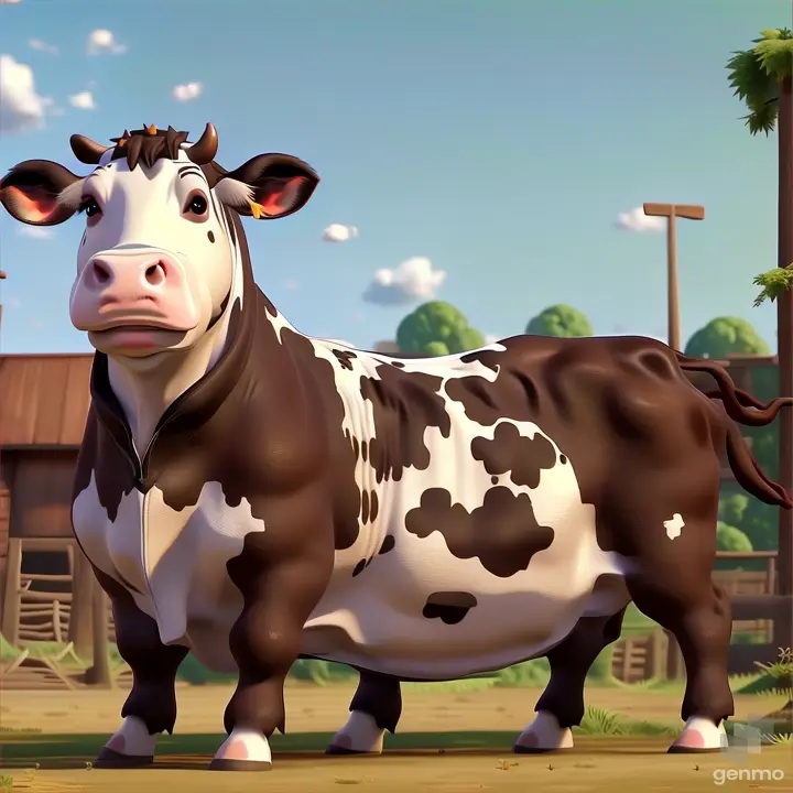 a brown and white cow standing on  a dirt field