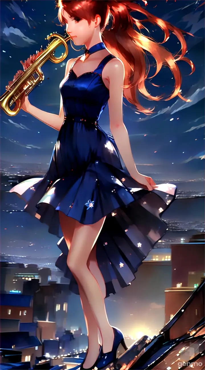 a girl in a blue dress playing a trumpet on a rooftop with the city behind her on a starry night standing on a roof.