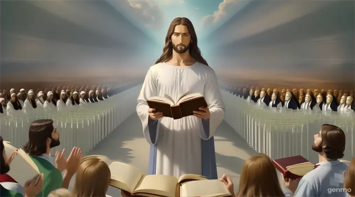 jesus in front of a crowd of people holding an open book in his hands.