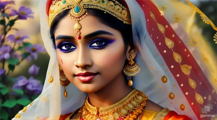 The image depicts a character with their face blurred, surrounded by a serene and mystical environment. The character has long, flowing white skin adorned big blue eye smile a little with flowers and wears intricate golden jewelry. This image depicts an **Indian woman** wearing her **traditional attire**. The outfit represents the culture and heritage of India. Indian traditional clothing is diverse and beautiful, often consisting of intricately patterned blouses or tops paired with long skirts. Typically, a **dupatta** (a beautifully designed scarf) is worn over the head, symbolizing the identity and freedom of Indian women. This image may showcase the beauty and presence of an Indian woman in her national dress 🌸🇮🇳 . horizontal image