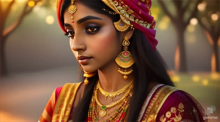 The image depicts a character with their face blurred, surrounded by a serene and mystical environment. The character has long, flowing white skin adorned big blue eye smile a little with flowers and wears intricate golden jewelry. This image depicts an **Indian woman** wearing her **traditional attire**. The outfit represents the culture and heritage of India. Indian traditional clothing is diverse and beautiful, often consisting of intricately patterned blouses or tops paired with long skirts. Typically, a **dupatta** (a beautifully designed scarf) is worn over the head, symbolizing the identity and freedom of Indian women. This image may showcase the beauty and presence of an Indian woman in her national dress 🌸🇮🇳 . horizontal image