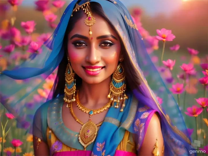 The image depicts a character with their face blurred, surrounded by a serene and mystical environment. The character has long, flowing white skin adorned big blue eye smile a little with flowers and wears intricate golden jewelry. This image depicts an **Indian woman** wearing her **traditional attire**. The outfit represents the culture and heritage of India. Indian traditional clothing is diverse and beautiful, often consisting of intricately patterned blouses or tops paired with long skirts. Typically, a **dupatta** (a beautifully designed scarf) is worn over the head, symbolizing the identity and freedom of Indian women. This image may showcase the beauty and presence of an Indian woman in her national dress 🌸🇮🇳 . horizontal image