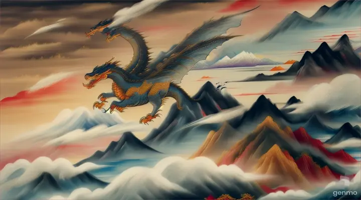 close-up of a traditional Chinese painting, featuring a serene dragon soaring amidst clouds and mountains.
[Voiceover]: Dragons are also associated with the elements of water, rain, and floods, showcasing their control over nature's forces. This is reflected in the art and literature of ancient China.