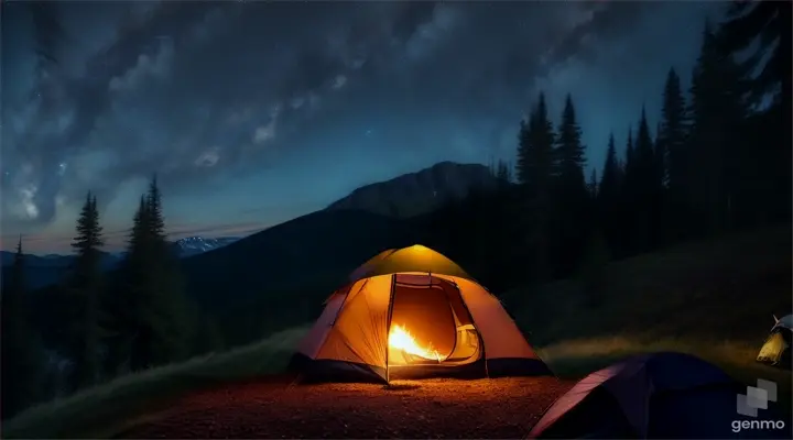 Daniel puts up his own tent, in a mountain forest, in front of the tent there is a campfire, at night, in the mountains of the Dominican Republic.video with size 16:9