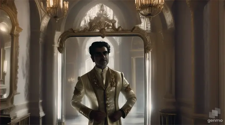 Rajiv walking past infinite reflections of ghostly apparitions in a castle hallway filled with antique mirrors