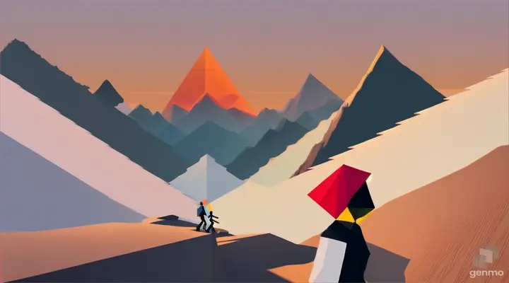 Minimalist figures walk between mountains towards a distant sun, with a simple color palette and bold shapes