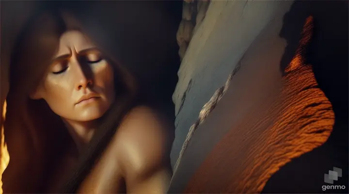 Close-up: a young primitive woman of the Paleolithic era is crying over the dead body of her lover, a fire is burning in the cave. High detail, digital painting style.