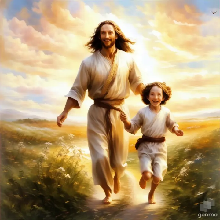 a painting of a man and a child running through a field