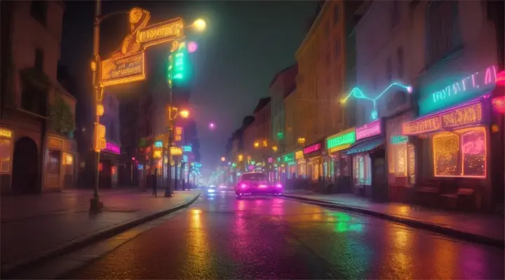 16:9 Old town, Easter, glimmers of light in the camera, pavement, streets, Neon advertising