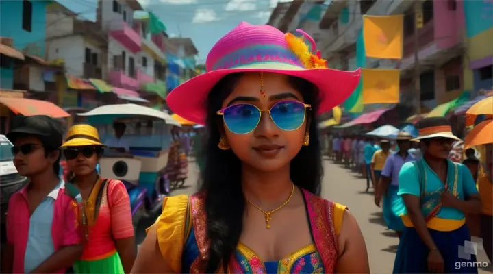 realism 4k ultra high definition / silly bad looking young actress Kovai Sarala, big front teeth on mouth & wear silly hat & color sunglasses , get angry face and catwalking turn back to camera (wide shot) on srilankan decorated colorful crowded town road