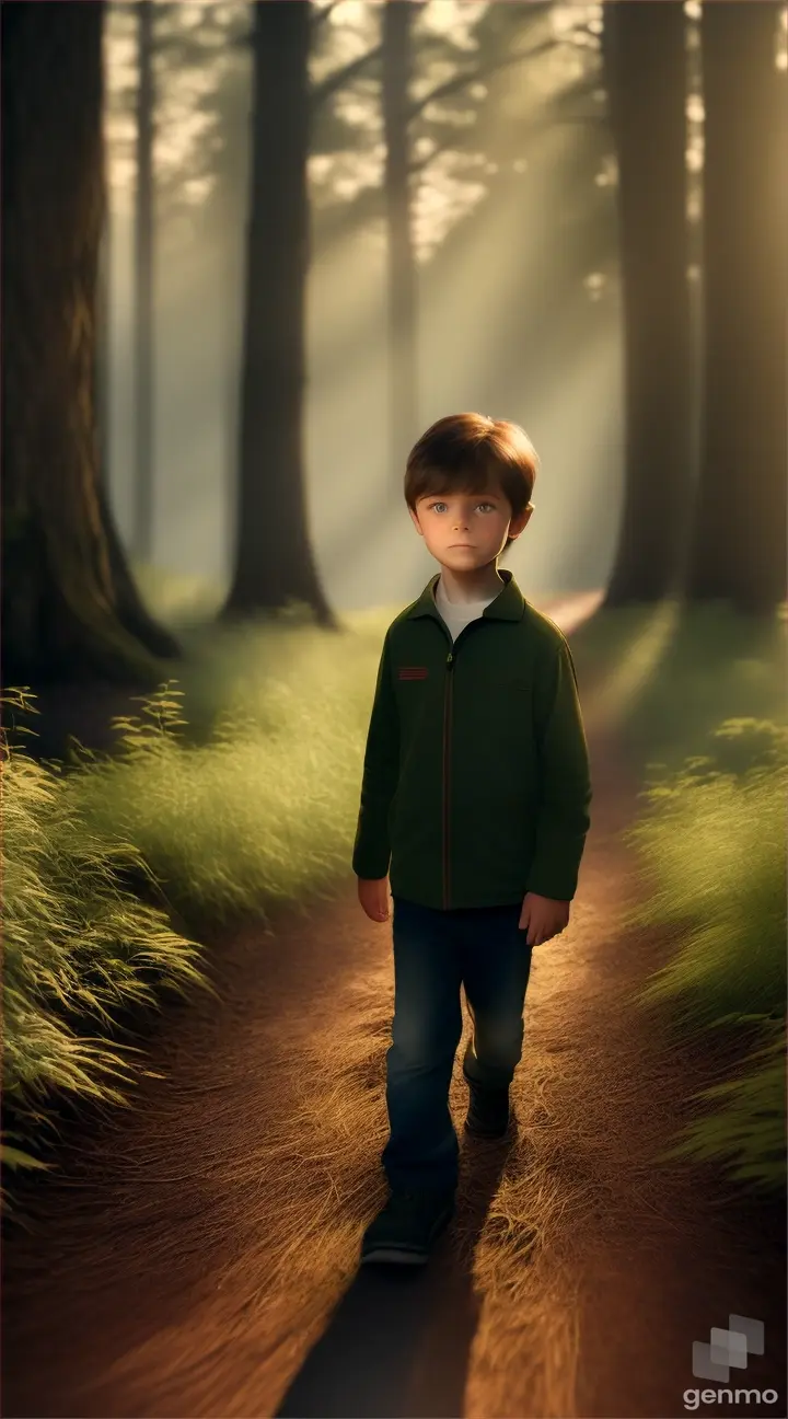 A little boy, about 6 years old, was startled to realize he was lost in the forest. The sun was slowly setting behind the dense trees of the forest.