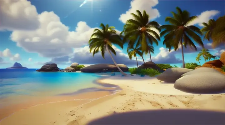  a nature scene, blue sky moment, a sunlit beach with palm trees and a crystal-clear lagoon, Pixar 3D