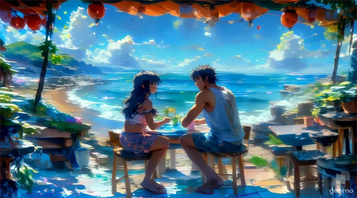 a man and a woman sitting at a table in front of the ocean