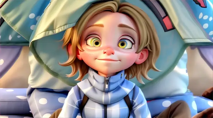 a cartoon character is sitting on a bed, 3d animation