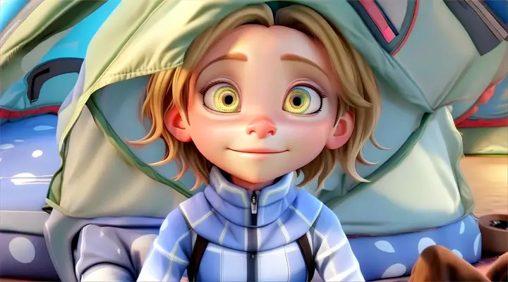 Ziah, a cartoon character is sitting on a bed, comes out of the tent, 3d animation