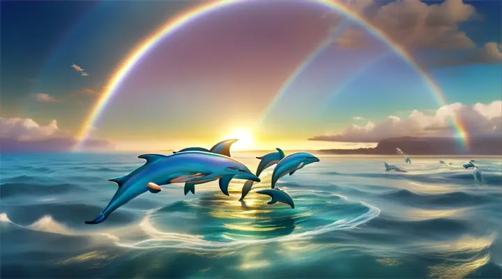 So let's gaze up high, with wonder in our eyes, As the sky above us stretches far and wide. With its beauty and magic, it'll never die, The sky's a treasure, for you and I. blue sky moment, a vast ocean scene with dolphins leaping as a rainbow arches across a clear sky, Pixar 3D.16:9