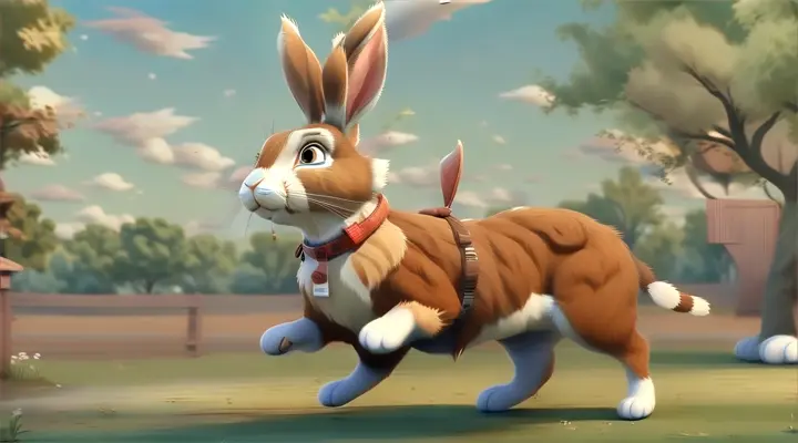 a brown and white rabbit running across a field, 3d nimation