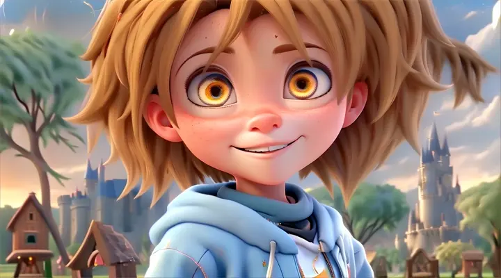 a cartoon character holding a sword in front of a castle, 3d animation