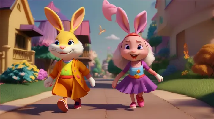 a cartoon characters Ziah and Bunny walking side by side, 3d animation