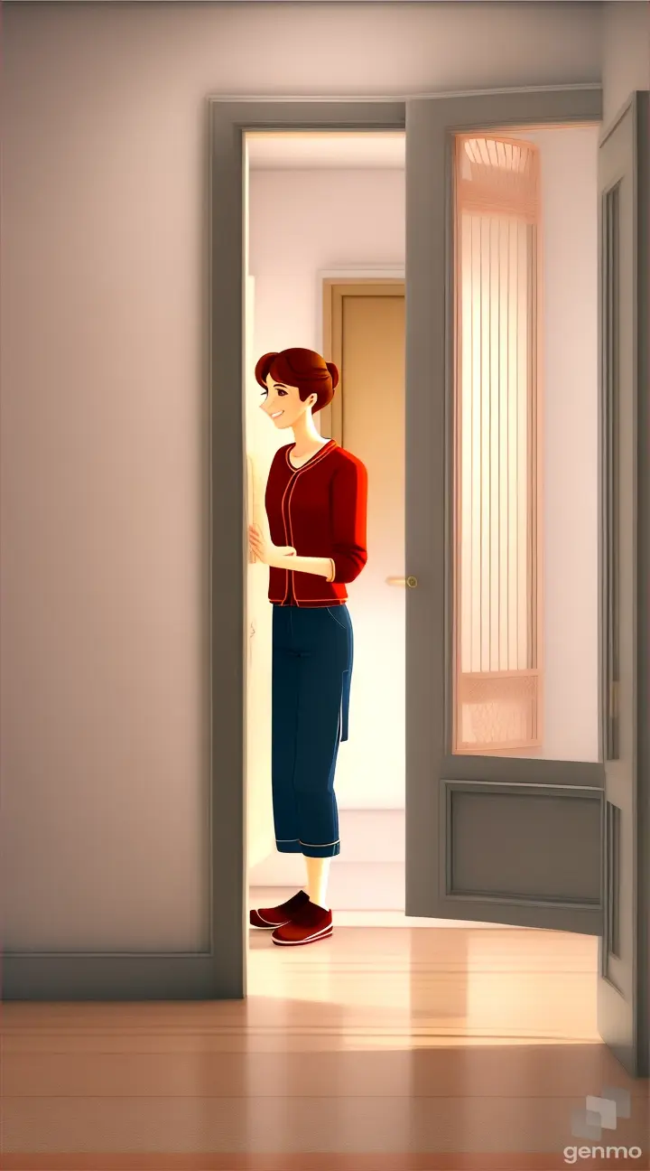 AN ANIMATED HUSBAND WIFE STANDING ON A OPEN DOOR OF A BED ROOM